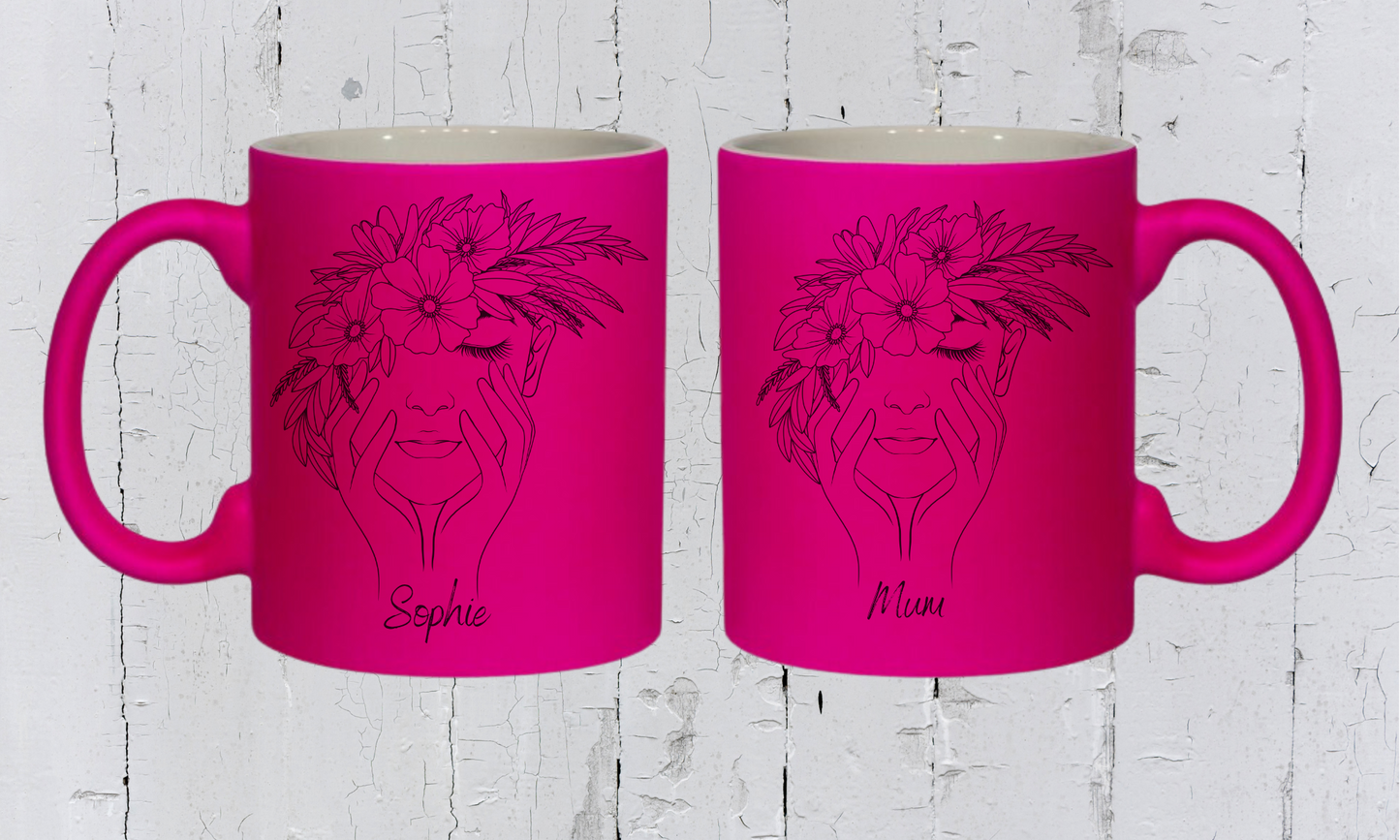 Fluorescent Pink Floral Name Mug