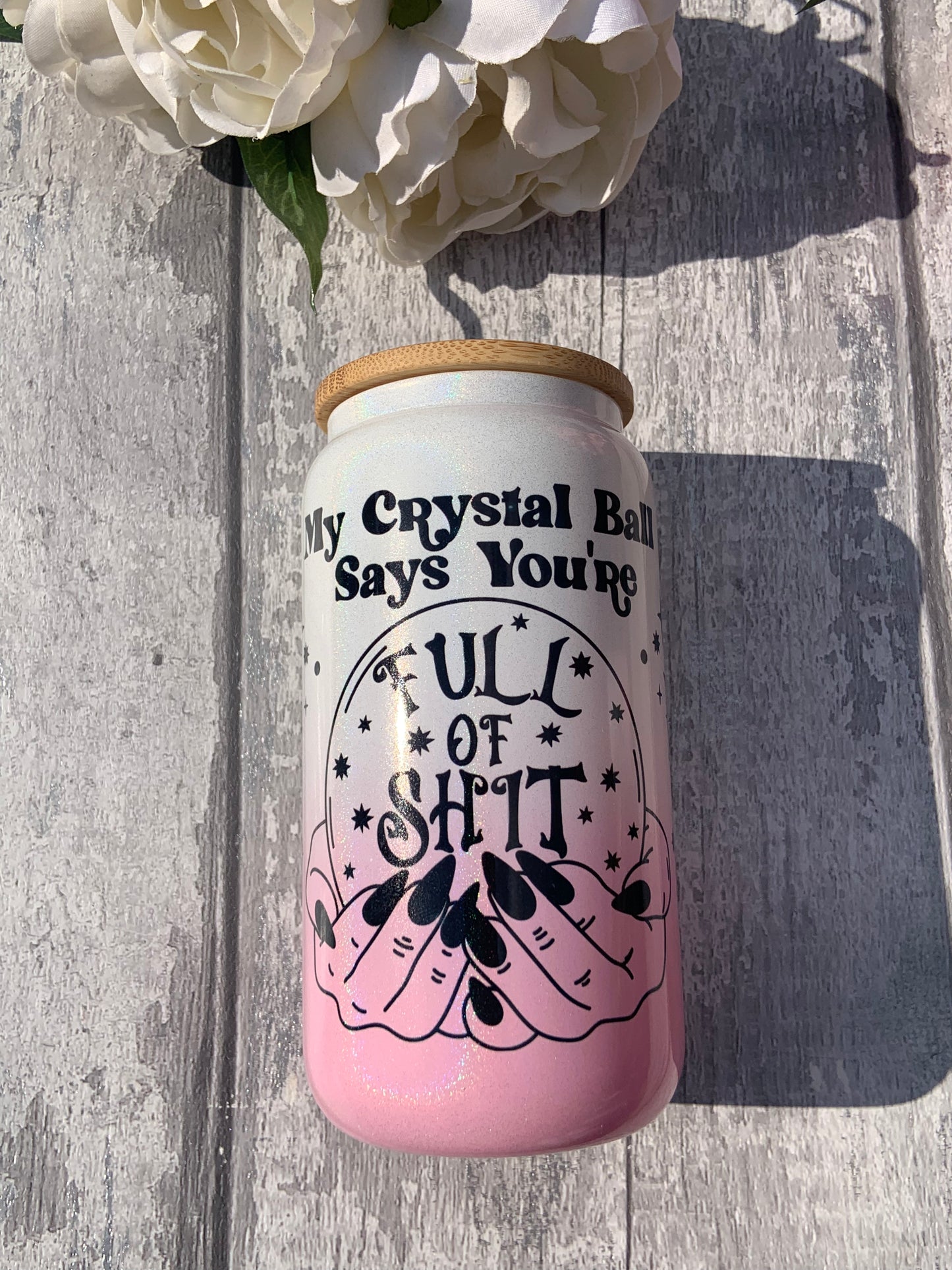 Crystal Ball Pink Ombre Shimmer Personalised Glass Cup 16oz