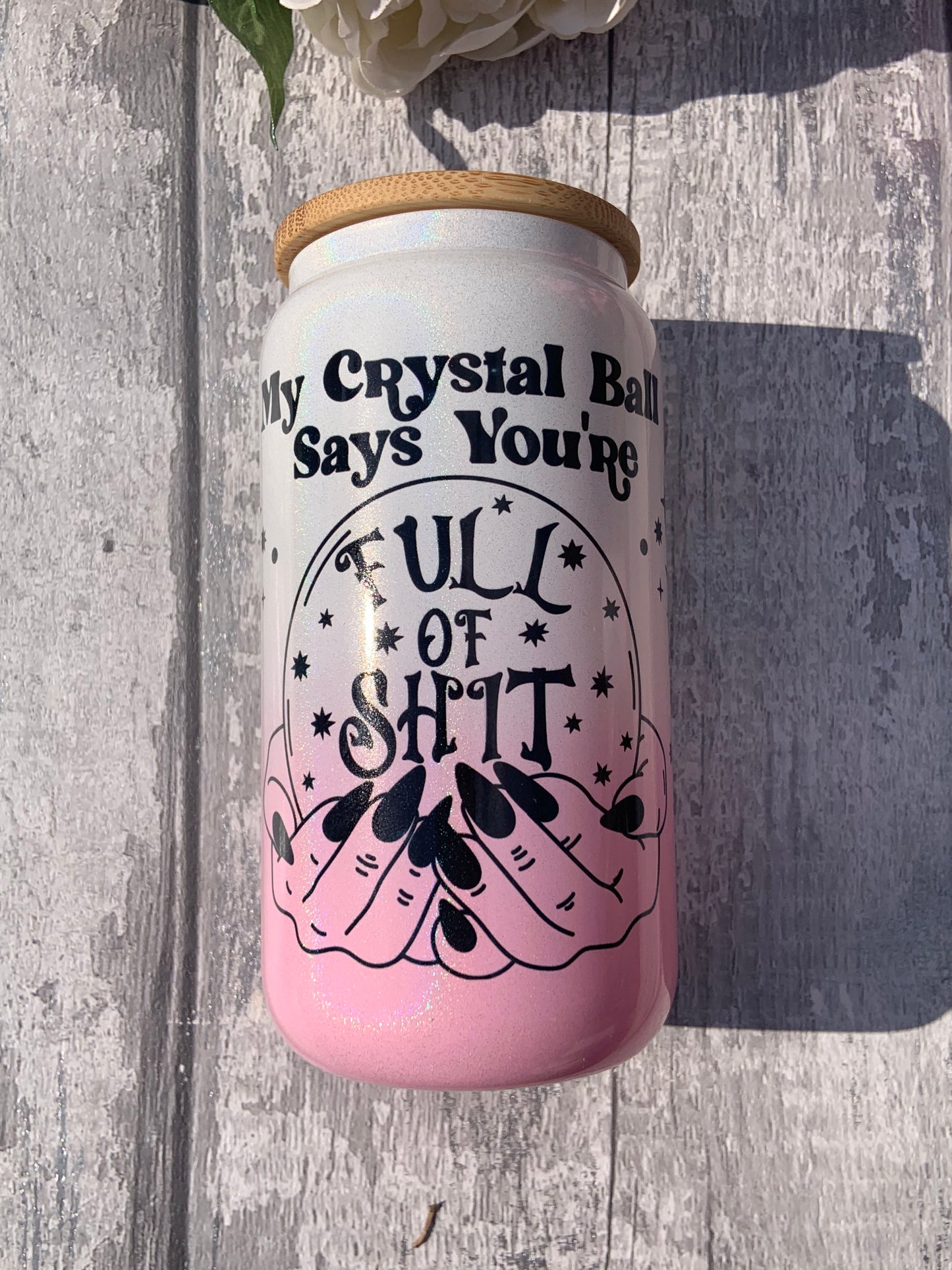 Crystal Ball Pink Ombre Shimmer Personalised Glass Cup 16oz