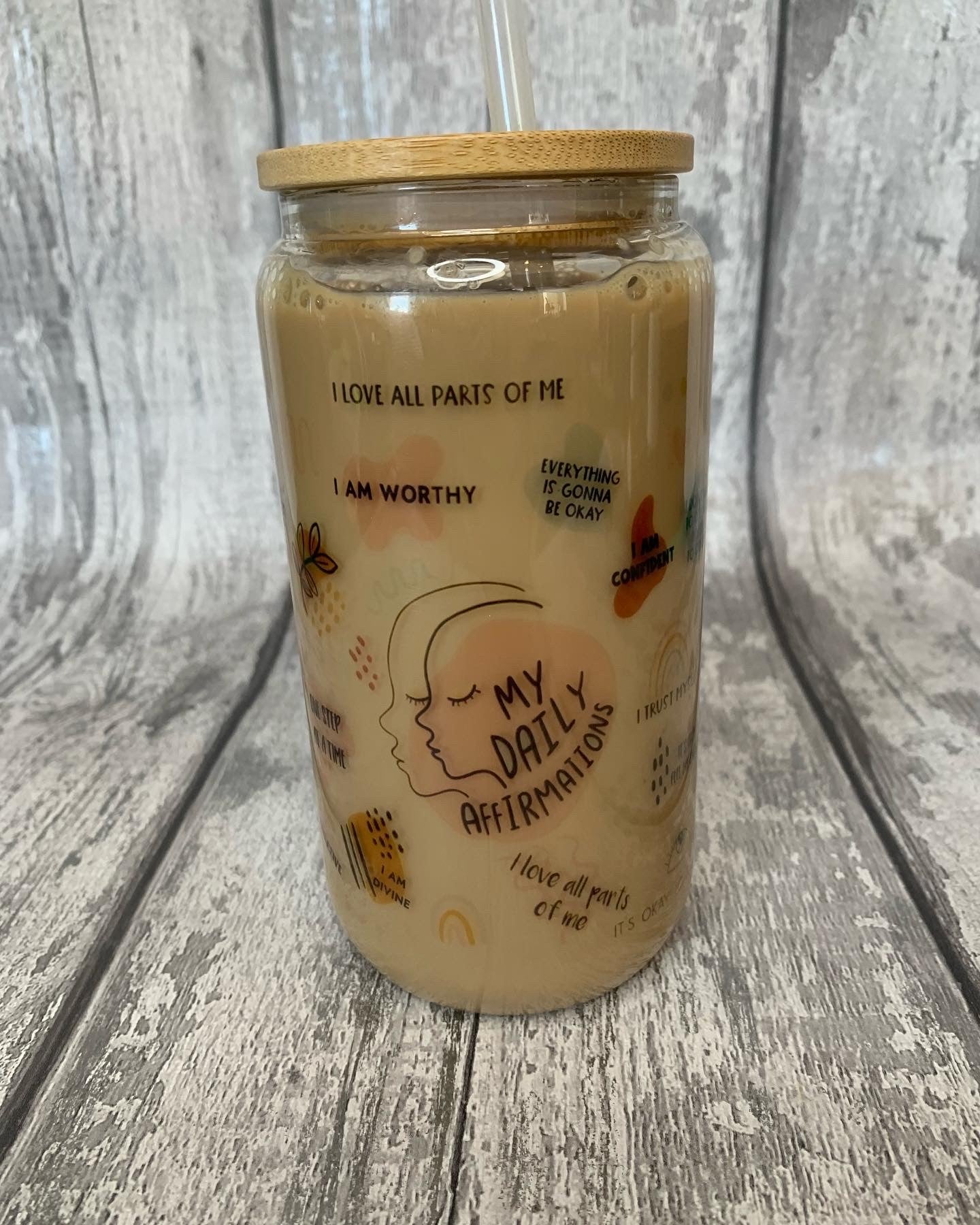 Daily Affirmations Glass Cup with Lid & Straw 16oz