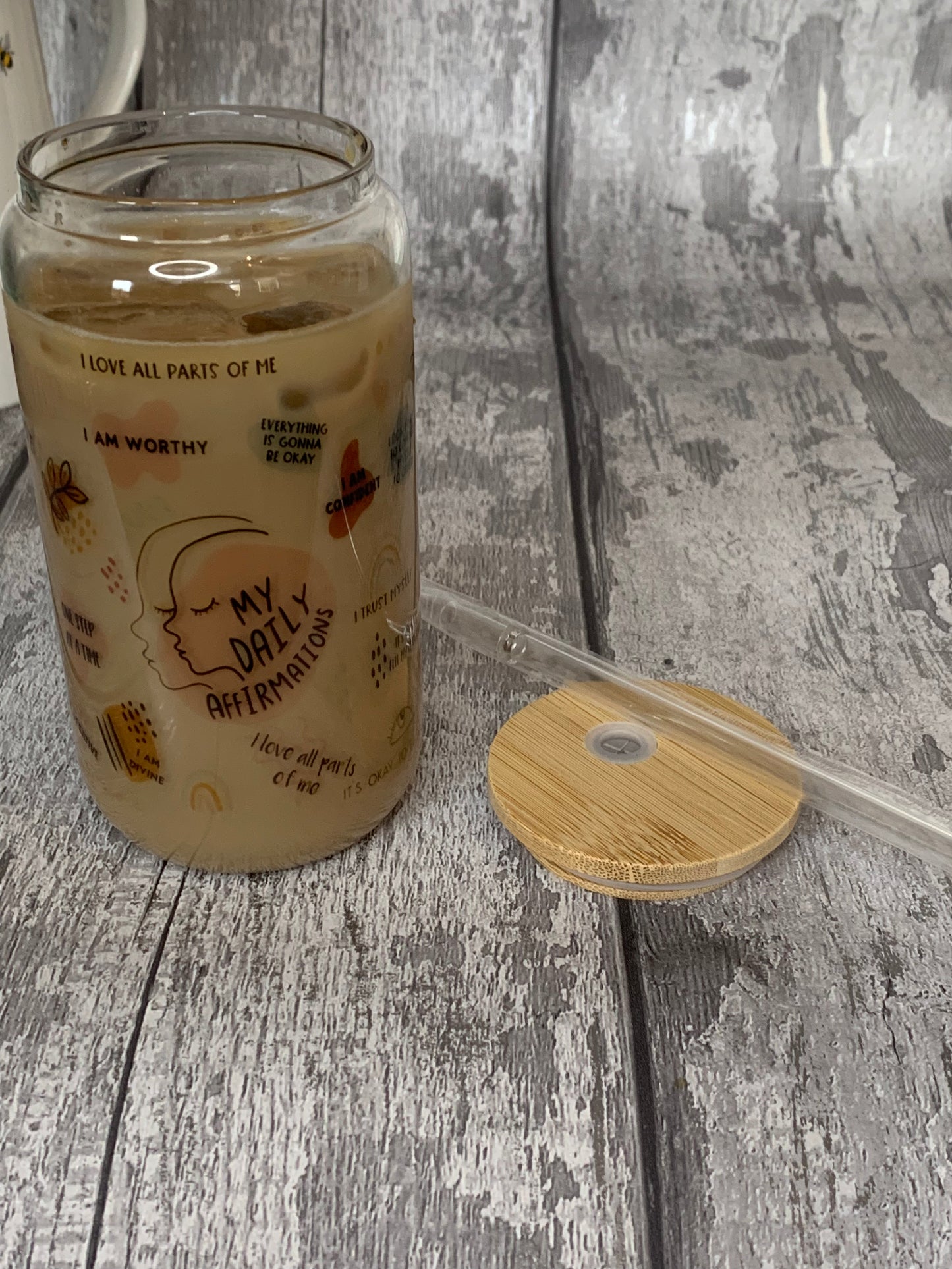 Daily Affirmations Glass Cup with Lid & Straw 16oz