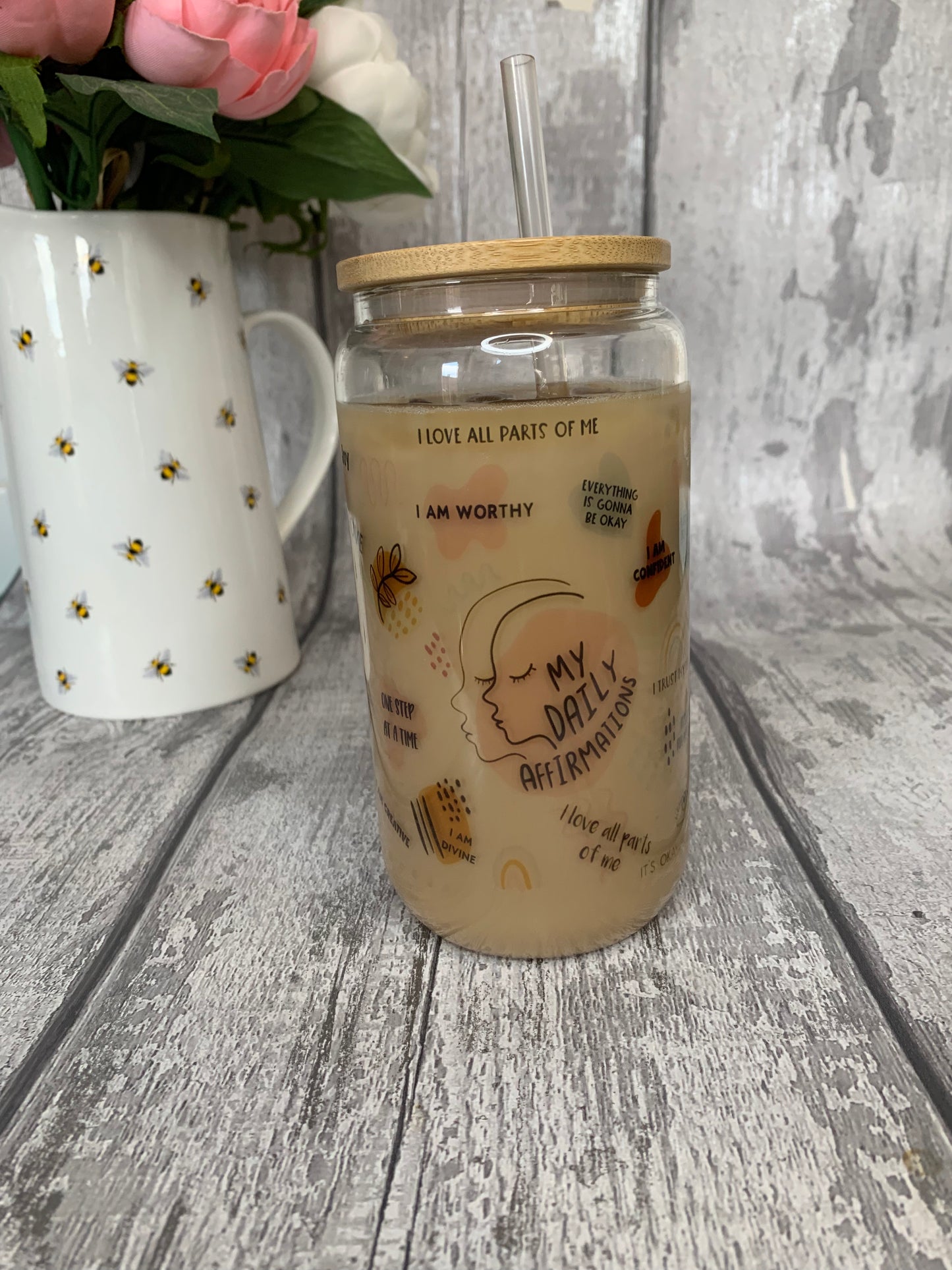 Daily Affirmations Glass Cup with Lid & Straw 16oz