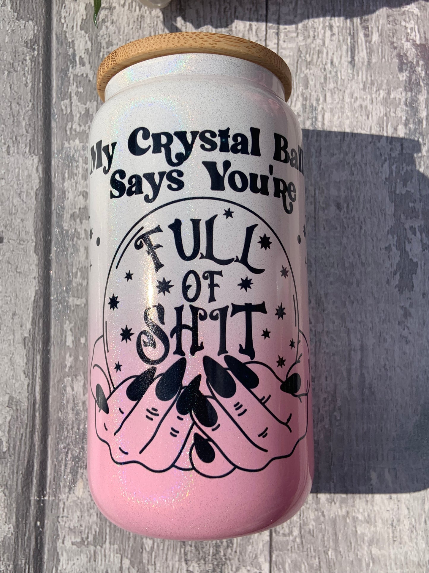Crystal Ball Pink Ombre Shimmer Personalised Glass Cup 16oz