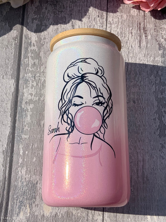 Pink Ombre Shimmer Personalised Glass Cup 16oz