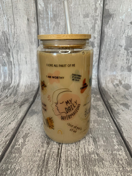 Daily Affirmations Glass Cup with Lid & Straw 16oz