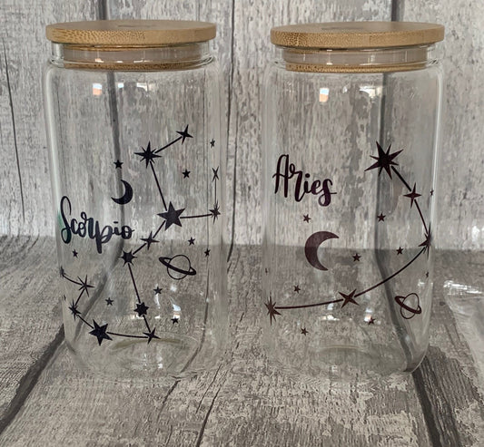 Star Sign/Zodiac Glass Cup with Lid & Straw 16oz